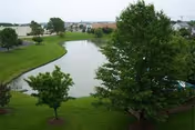 A serene pond surrounded by manicured lawn and trees on a residential property.