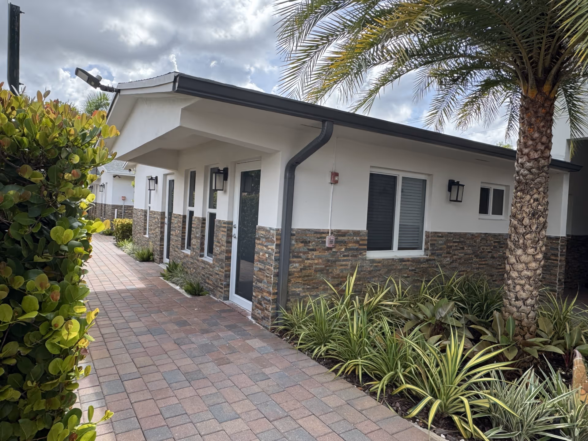 A single-story senior living facility exterior with white walls, stone accents, walkway, and palm trees.