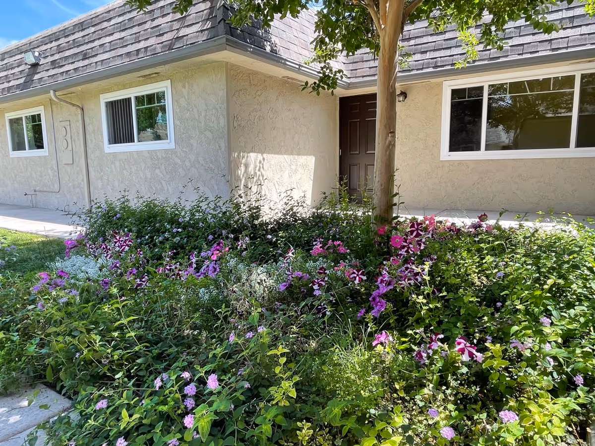 Beige single-story building with brown front door and blooming garden bed in front