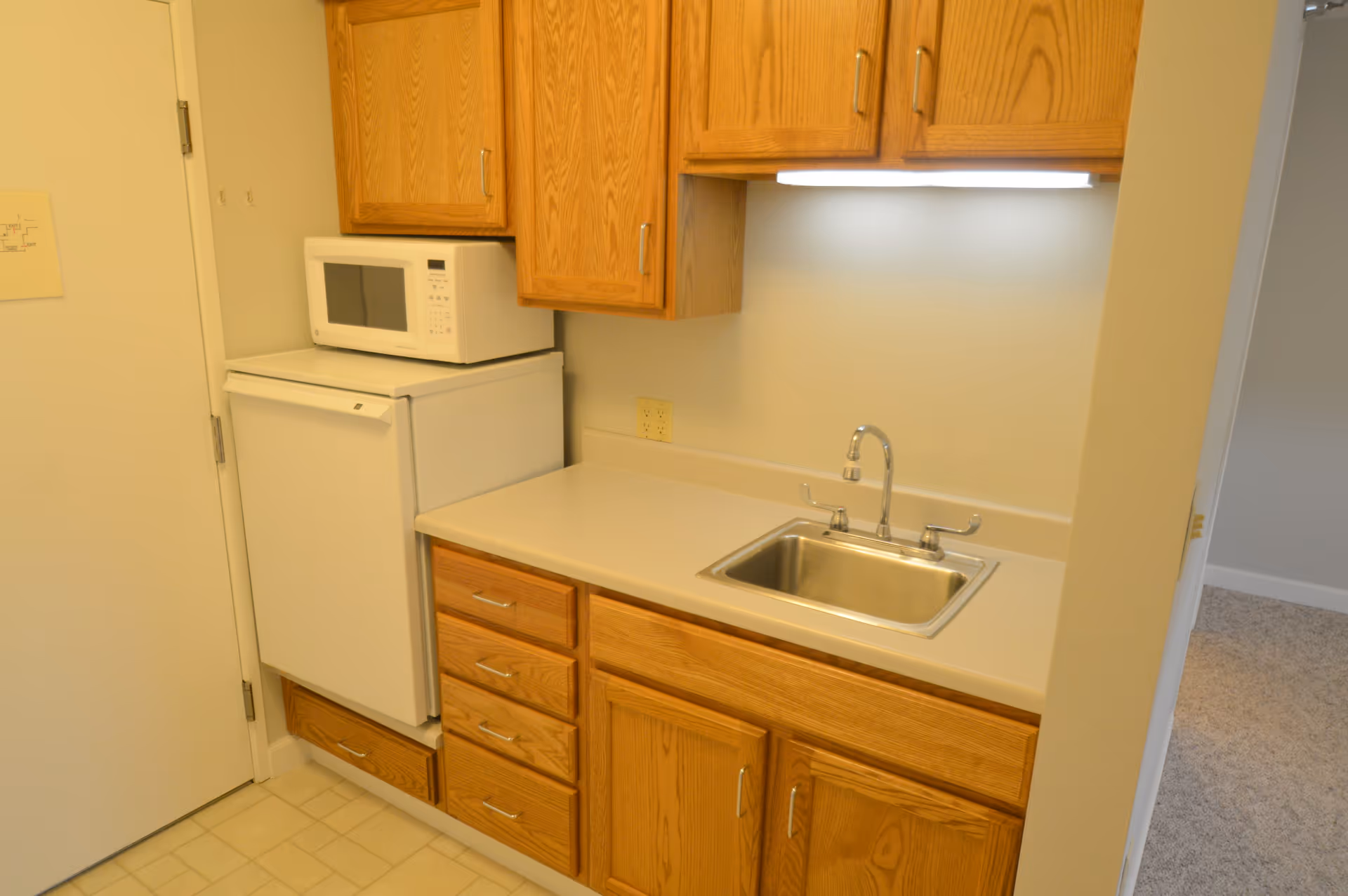 Compact kitchen area with wooden cabinets, sink, microwave, and a mini-fridge.