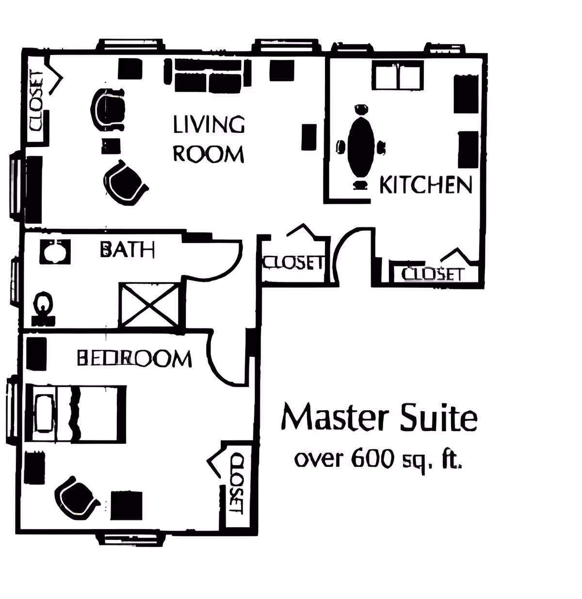 Floor plan of a master suite over 600 square feet showing a living room with two chairs and a sofa, a kitchen with a dining table and chairs, a bedroom with a bed and chair, a bathroom, and multiple closets.