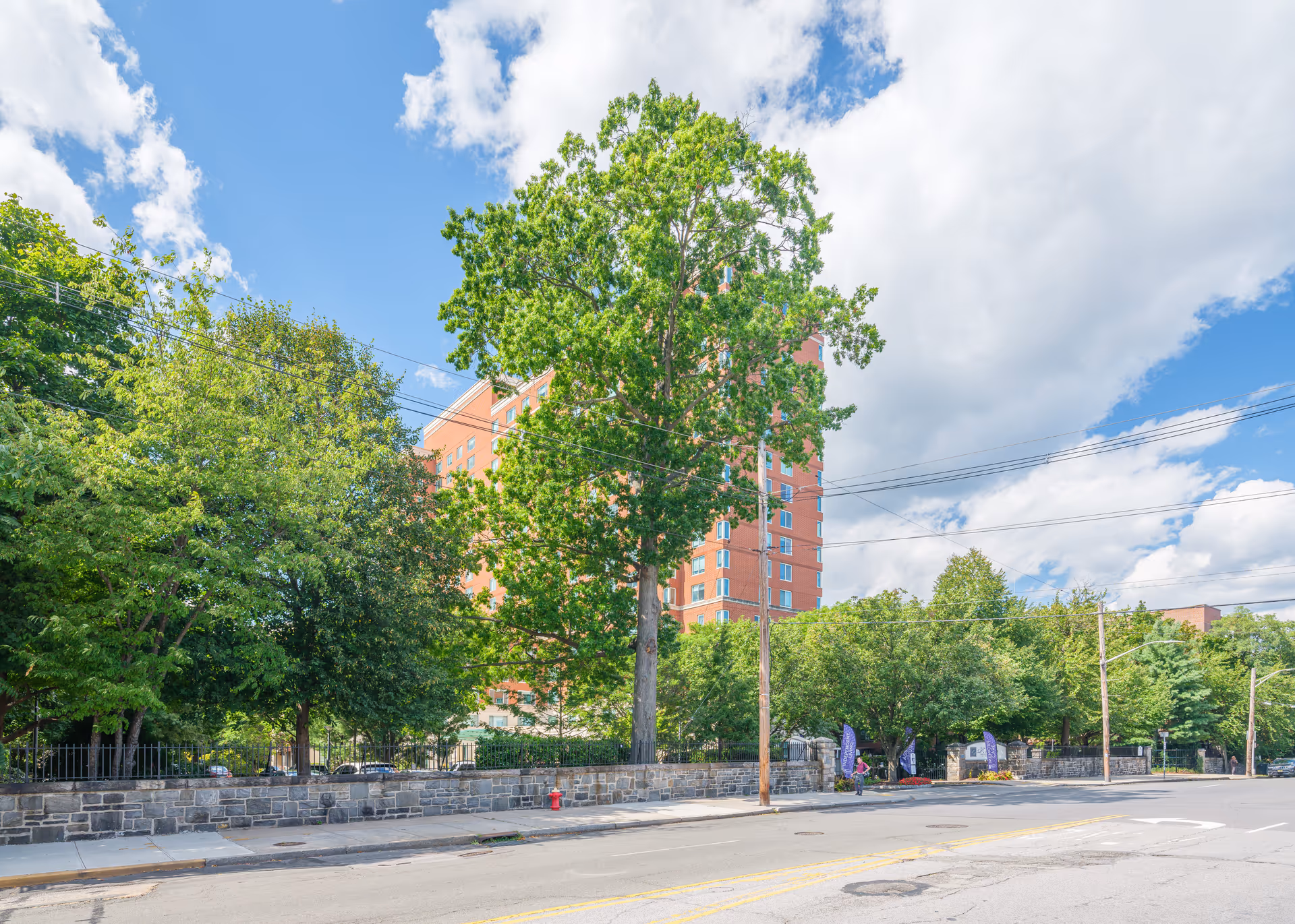 Street view of Five Star Premier Residences of Yonkers showing a tall brick building partially obscured by large green trees under a blue sky with scattered clouds. A stone wall and sidewalk run along the street in the foreground.