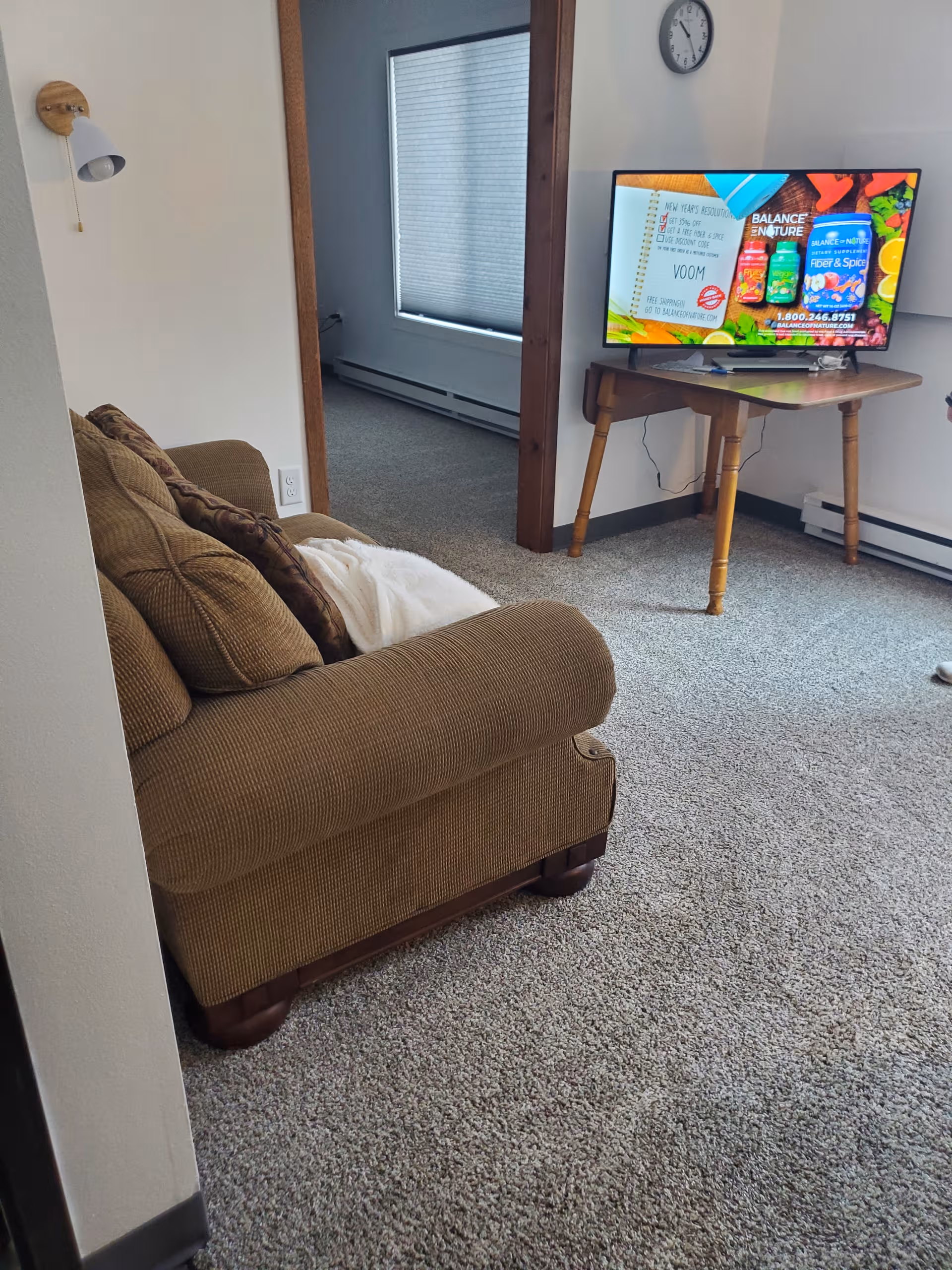 A comfortable living room with a brown sofa, carpet, and a TV on a wooden stand.