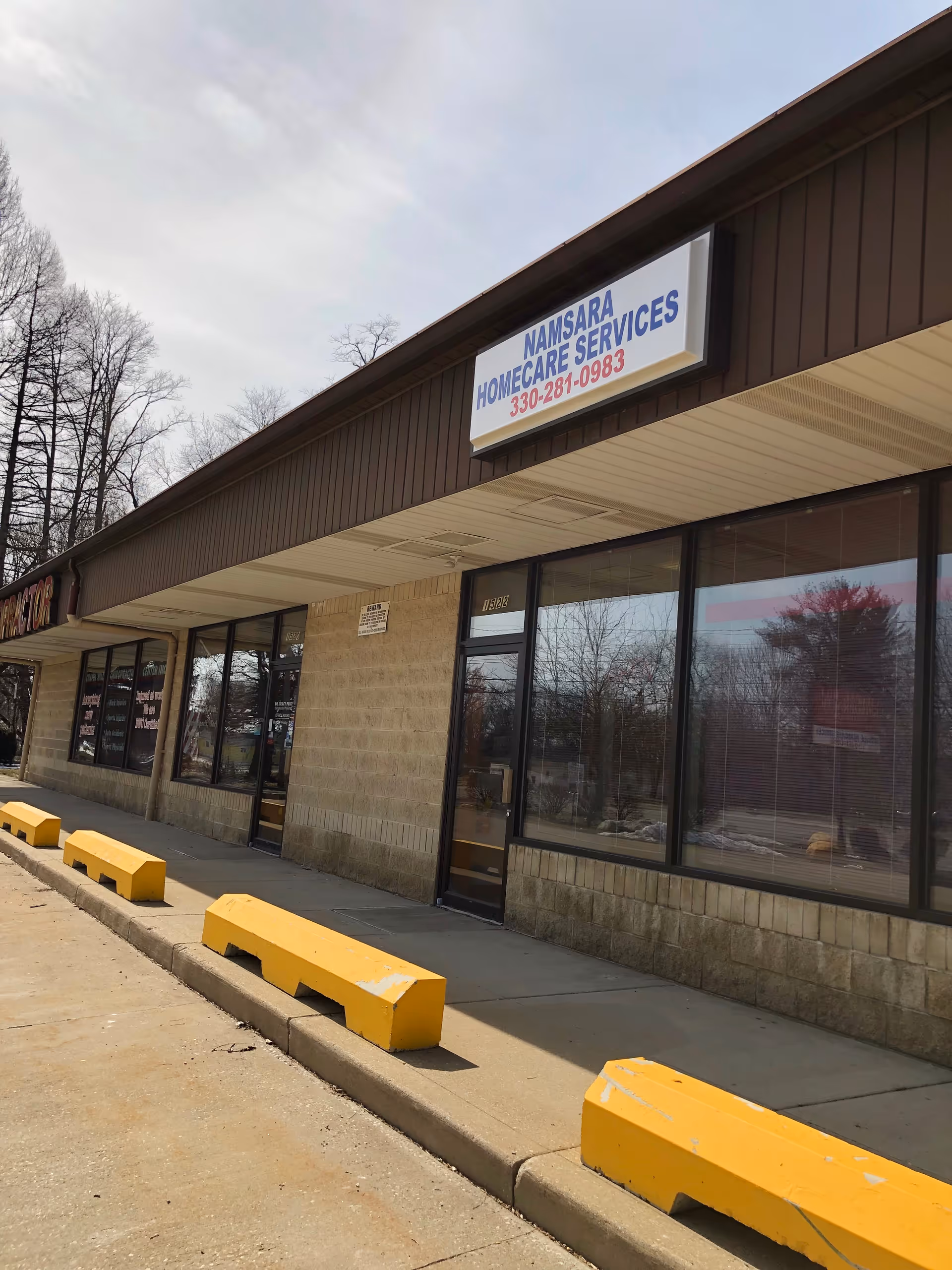 Exterior of a storefront building with a Namsara Homecare Services sign above the entrance.