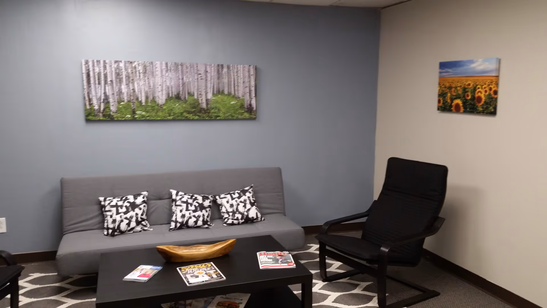 Gray sofa with patterned cushions, black chair, and coffee table in a blue-walled living room.