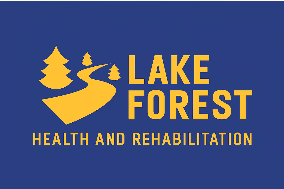 Blue background with a yellow Lake Forest Health and Rehabilitation logo featuring trees.