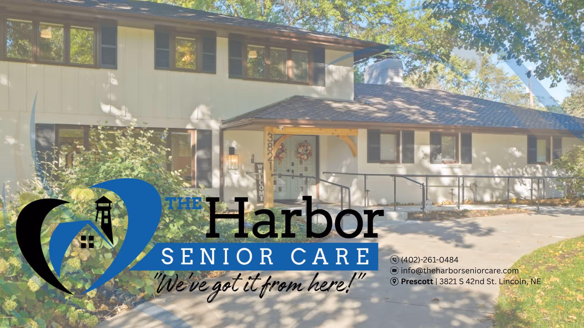 Exterior view of The Harbor Senior Care facility with entrance and ramp.
