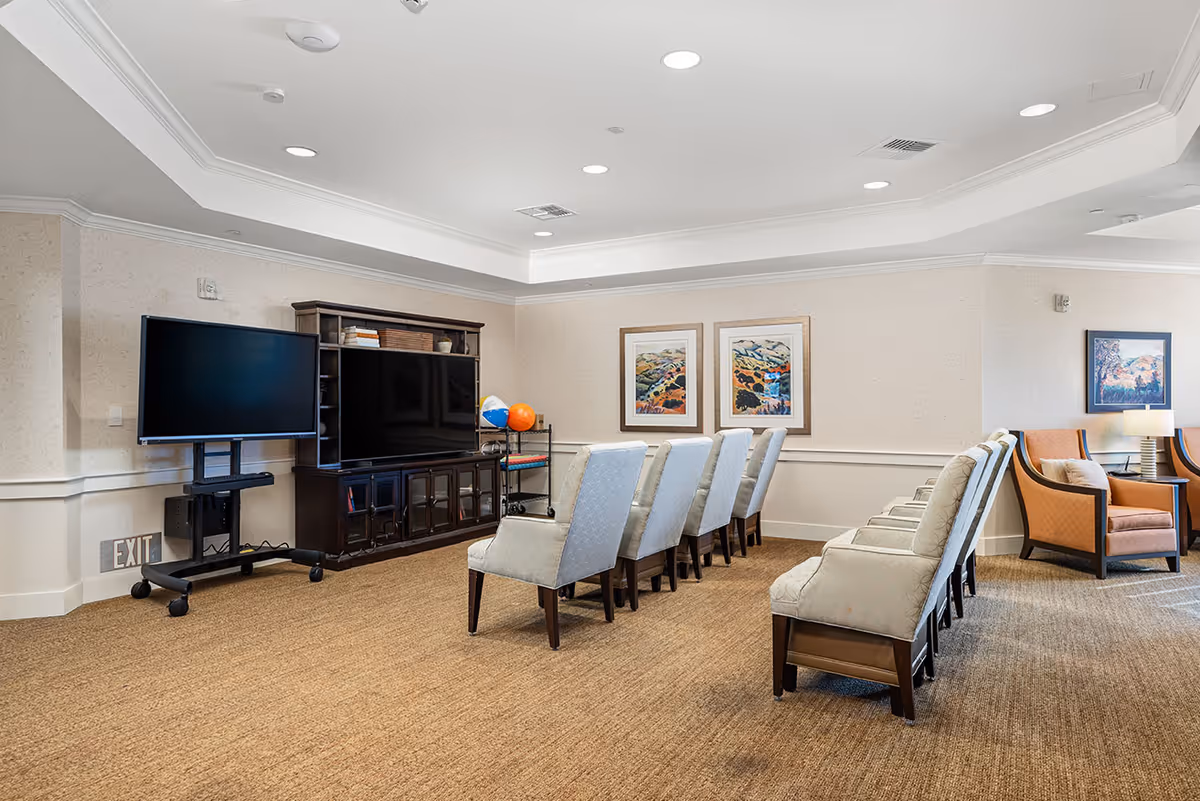 Ultimate Homecare of Solon 2 lounge with rows of seating facing a large TV.