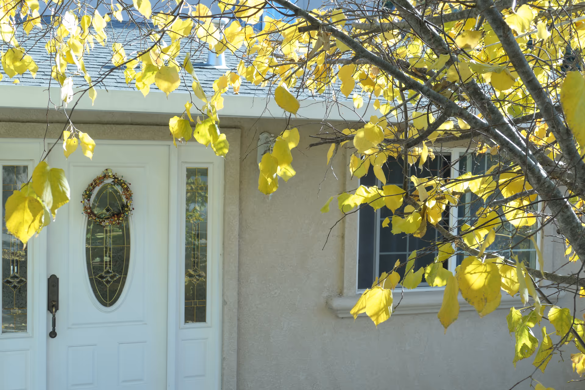 White front door with oval glass panels and a wreath, beige wall, yellow leaves nearby.