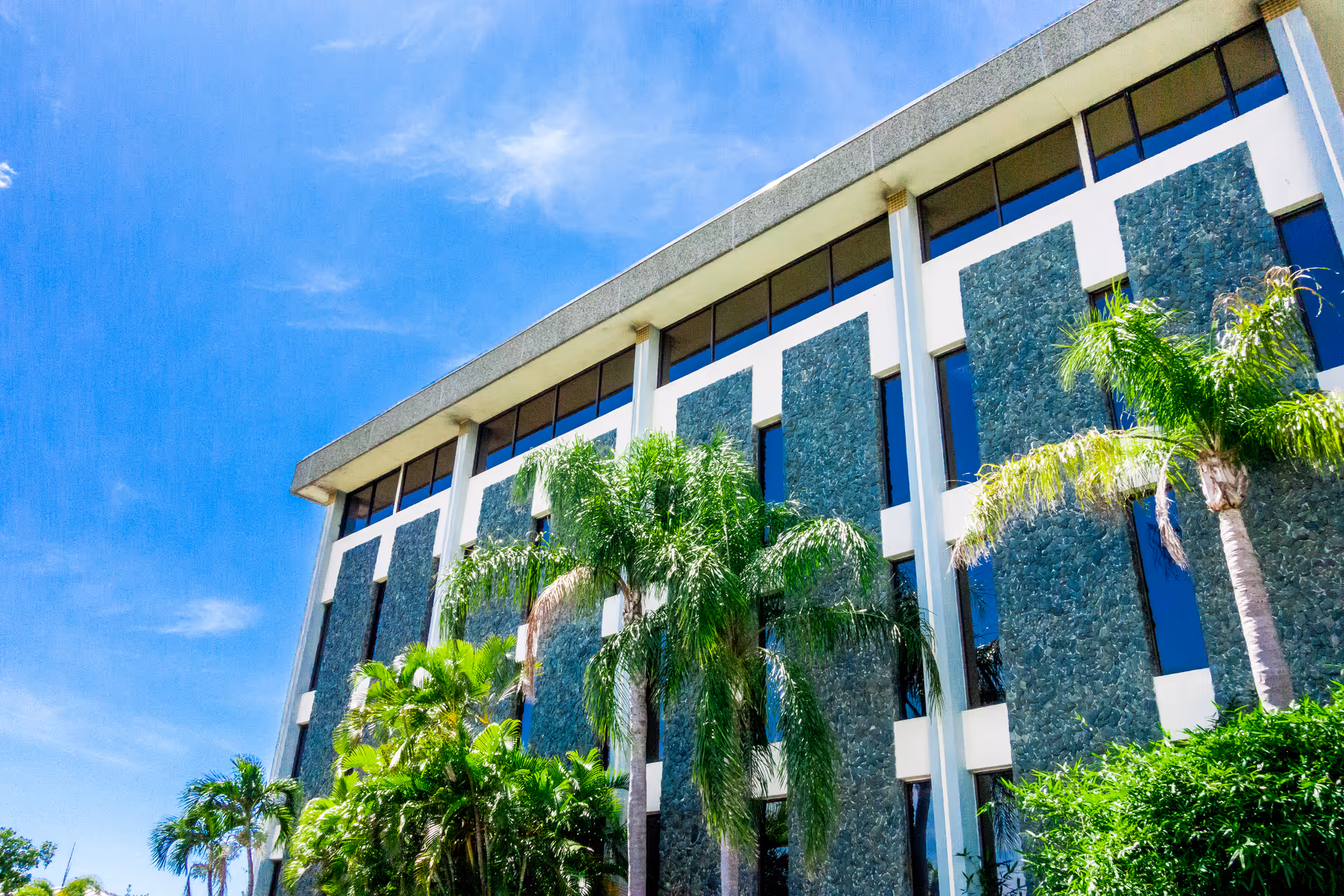 Front facade of a modern senior living facility with palm trees.