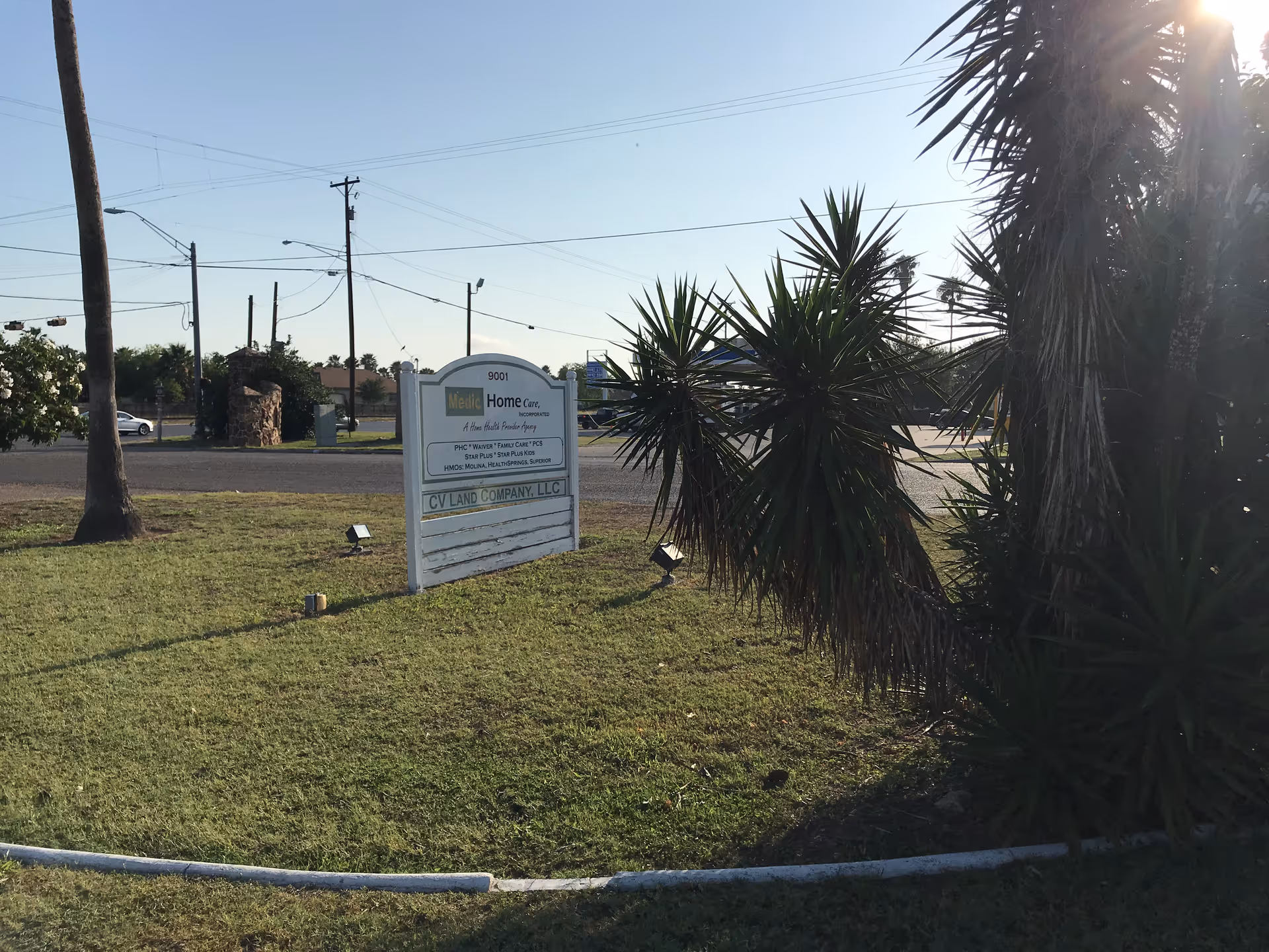 Outdoor grassy area with a Medic Home Care sign, palm plants, and street background.