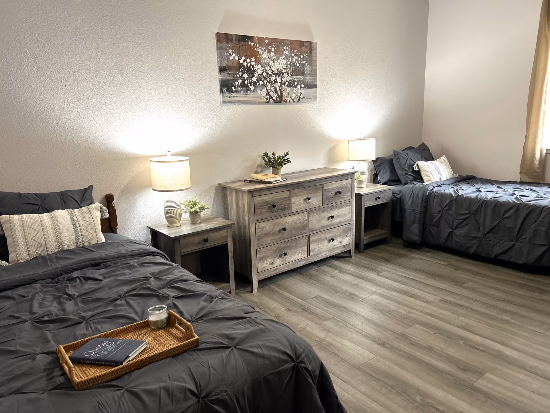 Two twin beds with gray bedding flank a dresser in a modern bedroom.