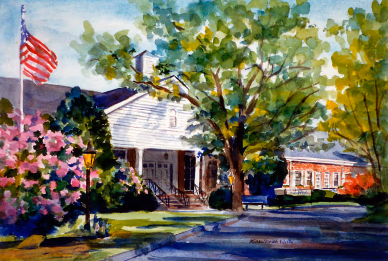 Watercolor exterior view of The Terraces Orleans showing front entrance, trees, and garden.