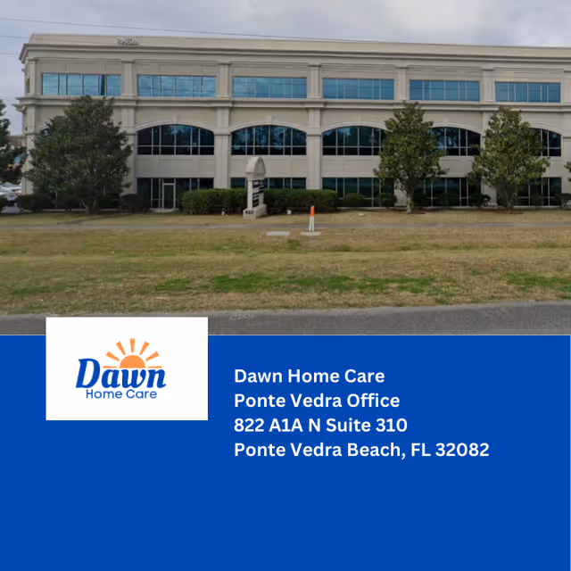 Exterior view of Dawn Home Care building with a blue banner displaying address.