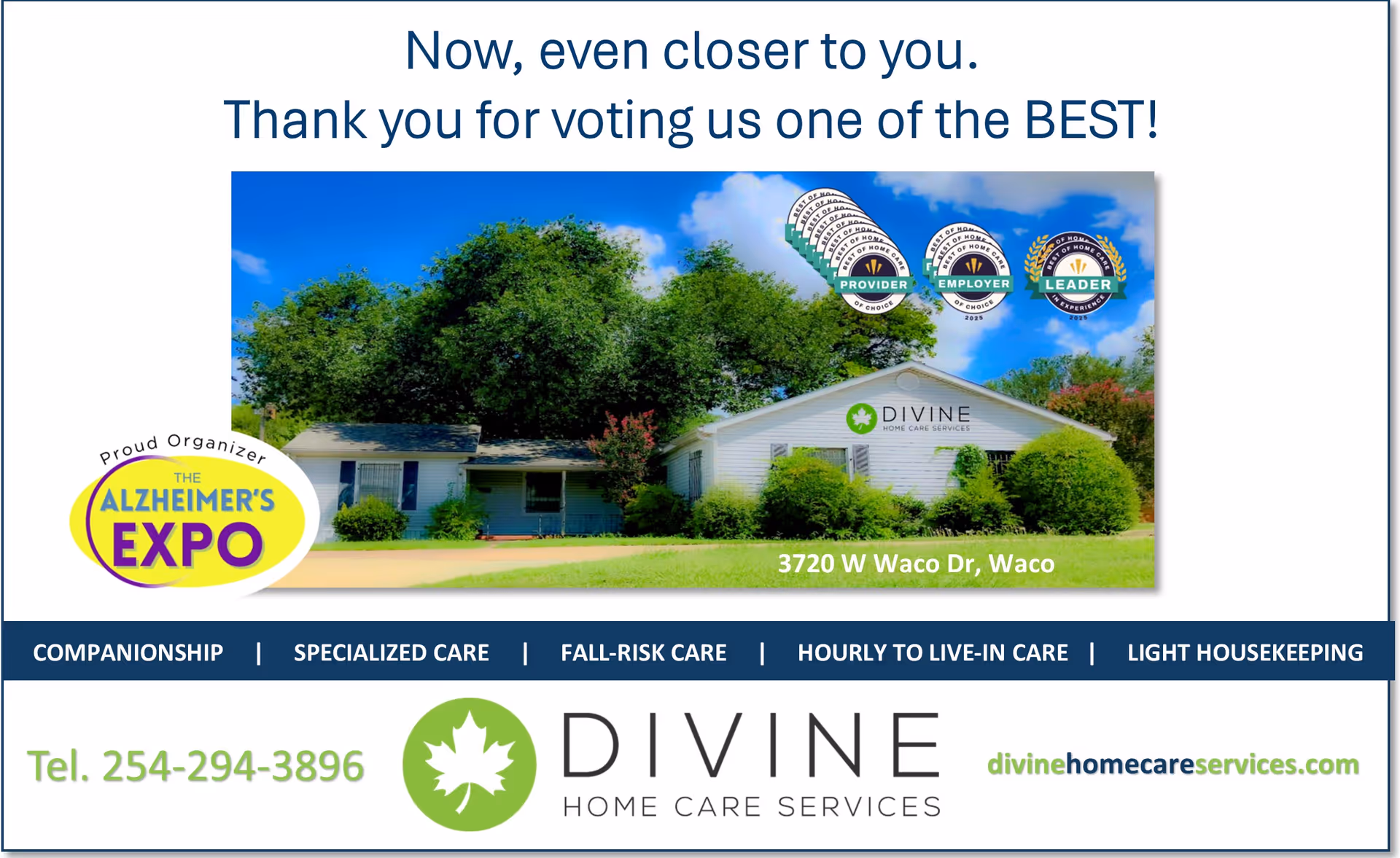 Single-story building with Divine Home Care Services signage amid trees.