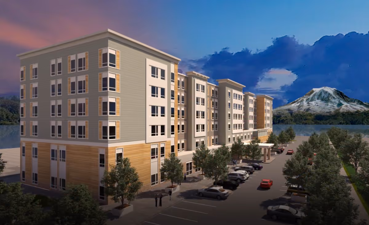 Exterior rendering of GenCare Lifestyle Tacoma at Point Ruston, a modern senior living building.