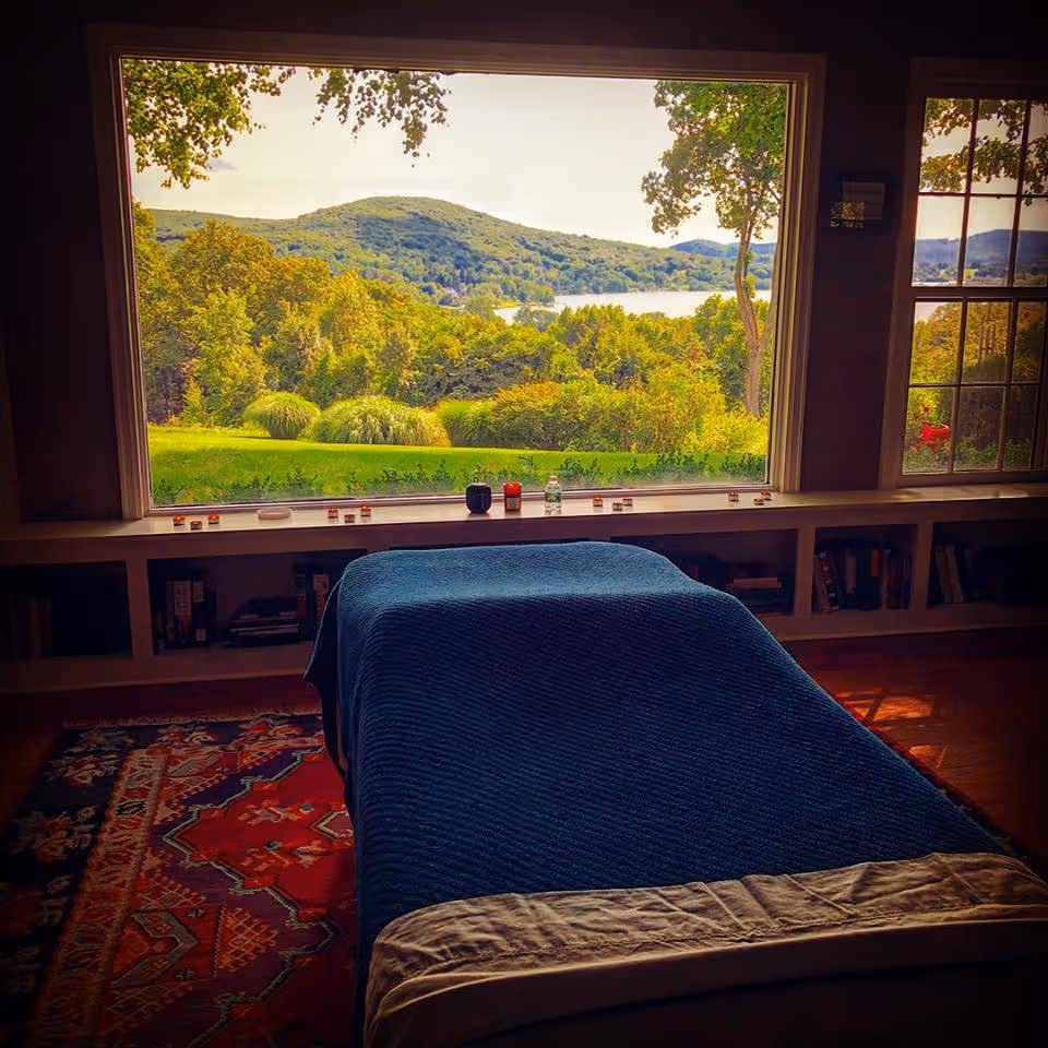 Massage table draped in blue sits by a window with a scenic lake and hills view.