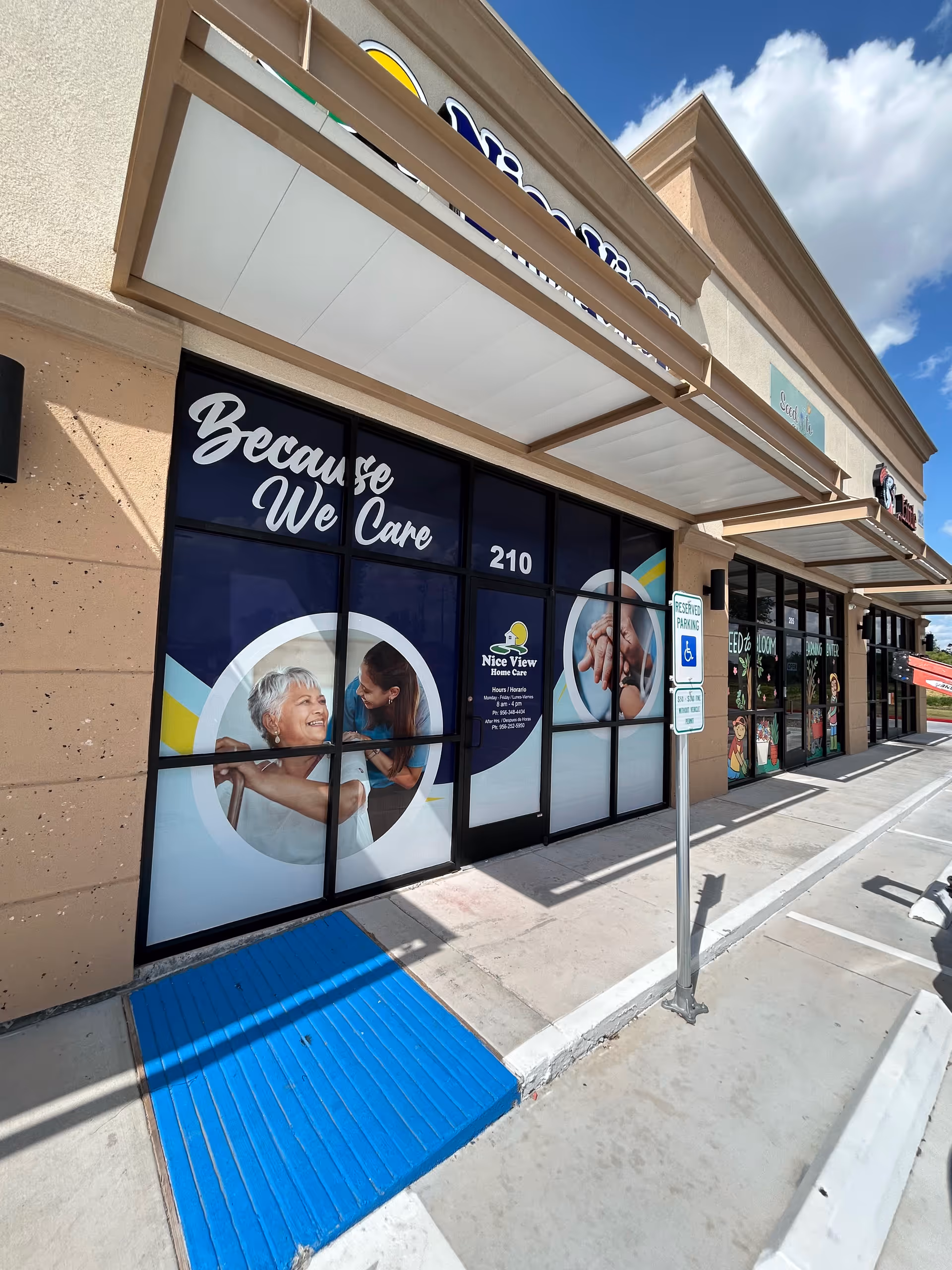 Exterior storefront of Nice View Home Care with large window graphics
