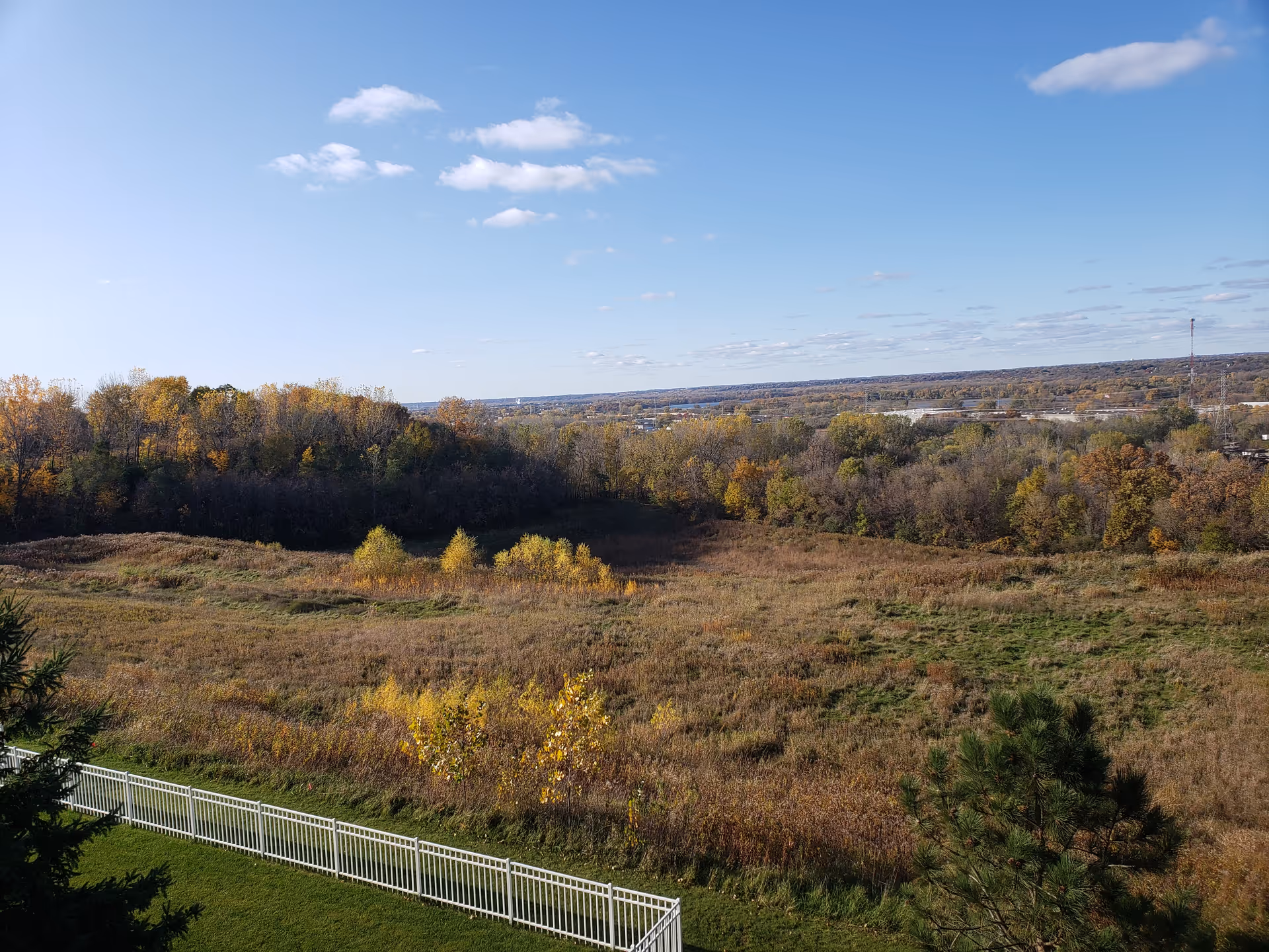Wide outdoor landscape with autumn trees, open field, and a white fence along a grassy yard