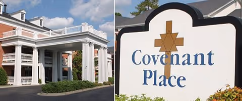 Exterior view of Covenant Place building with a grand columned entrance and sign.