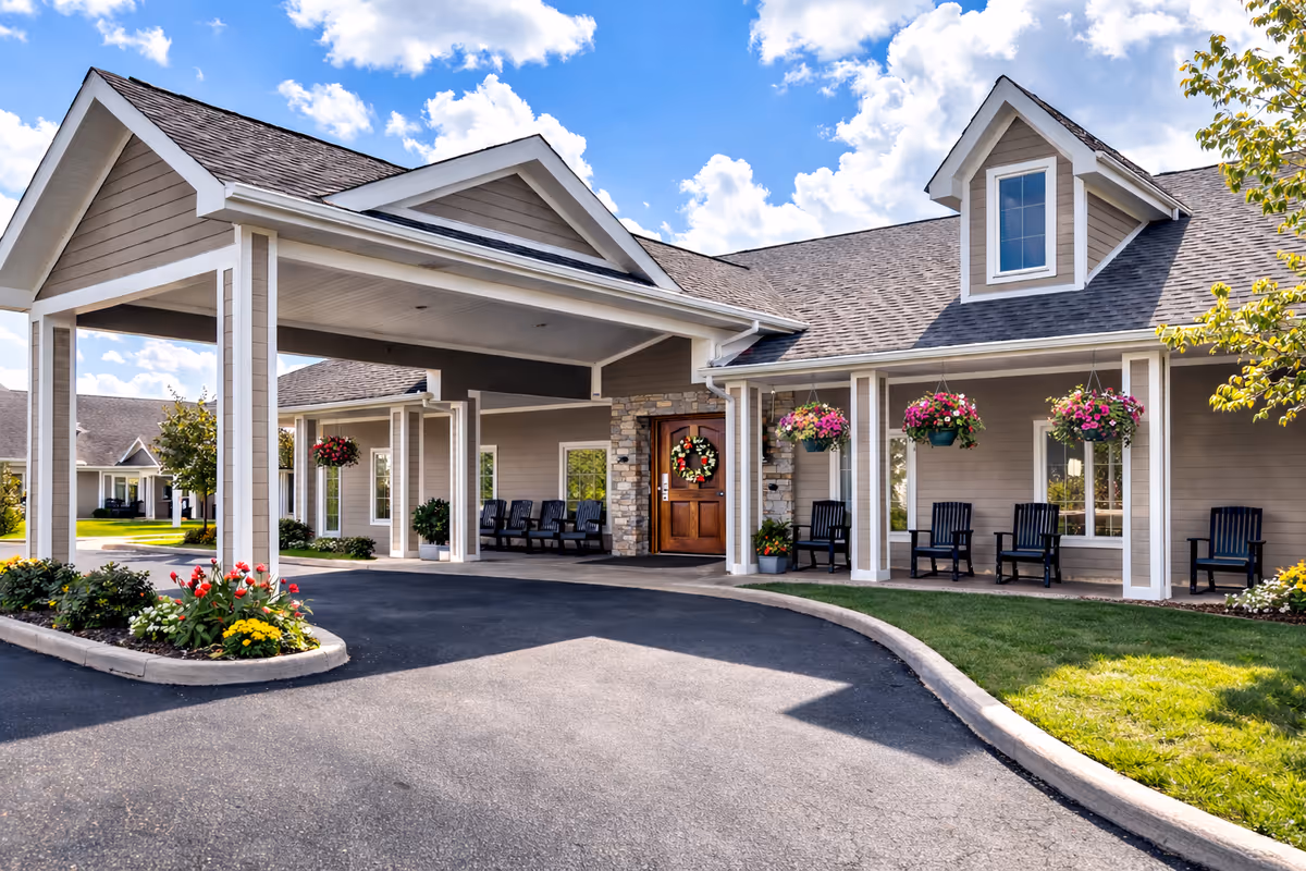 A senior living facility exterior featuring a covered entrance, seating, and hanging flower baskets.