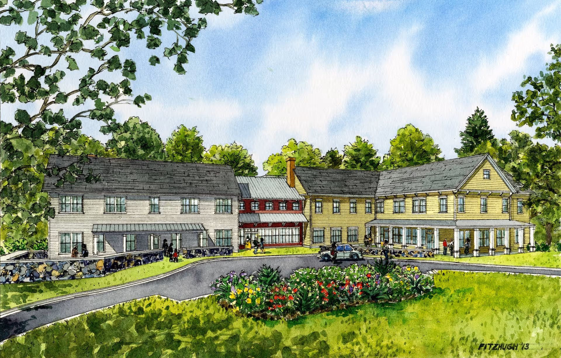 Watercolor illustration of a senior living facility exterior with landscaped grounds.