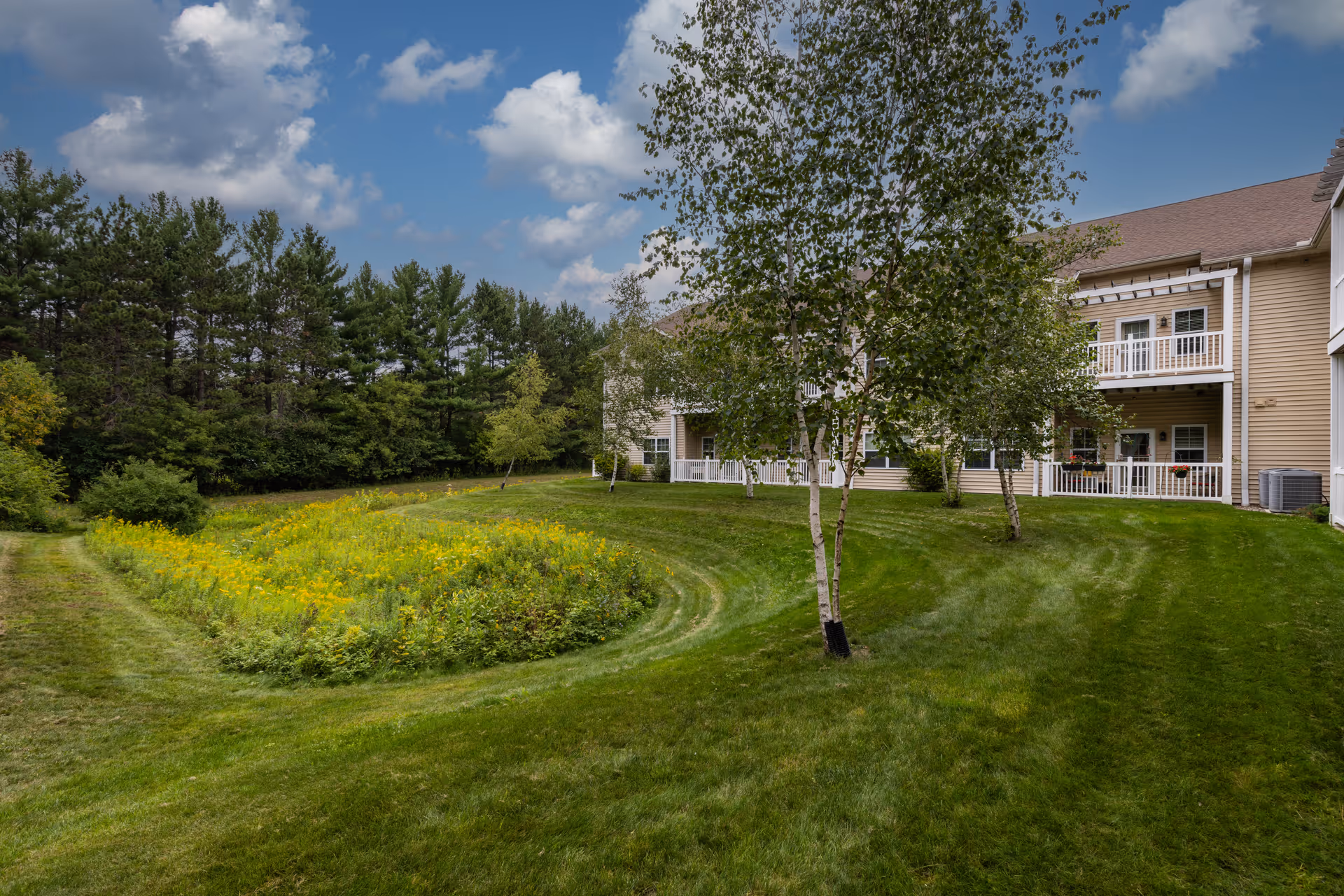 Grassy lawn and landscaped wildflower meadow with birch trees beside a two-story beige senior living building under a partly cloudy sky.