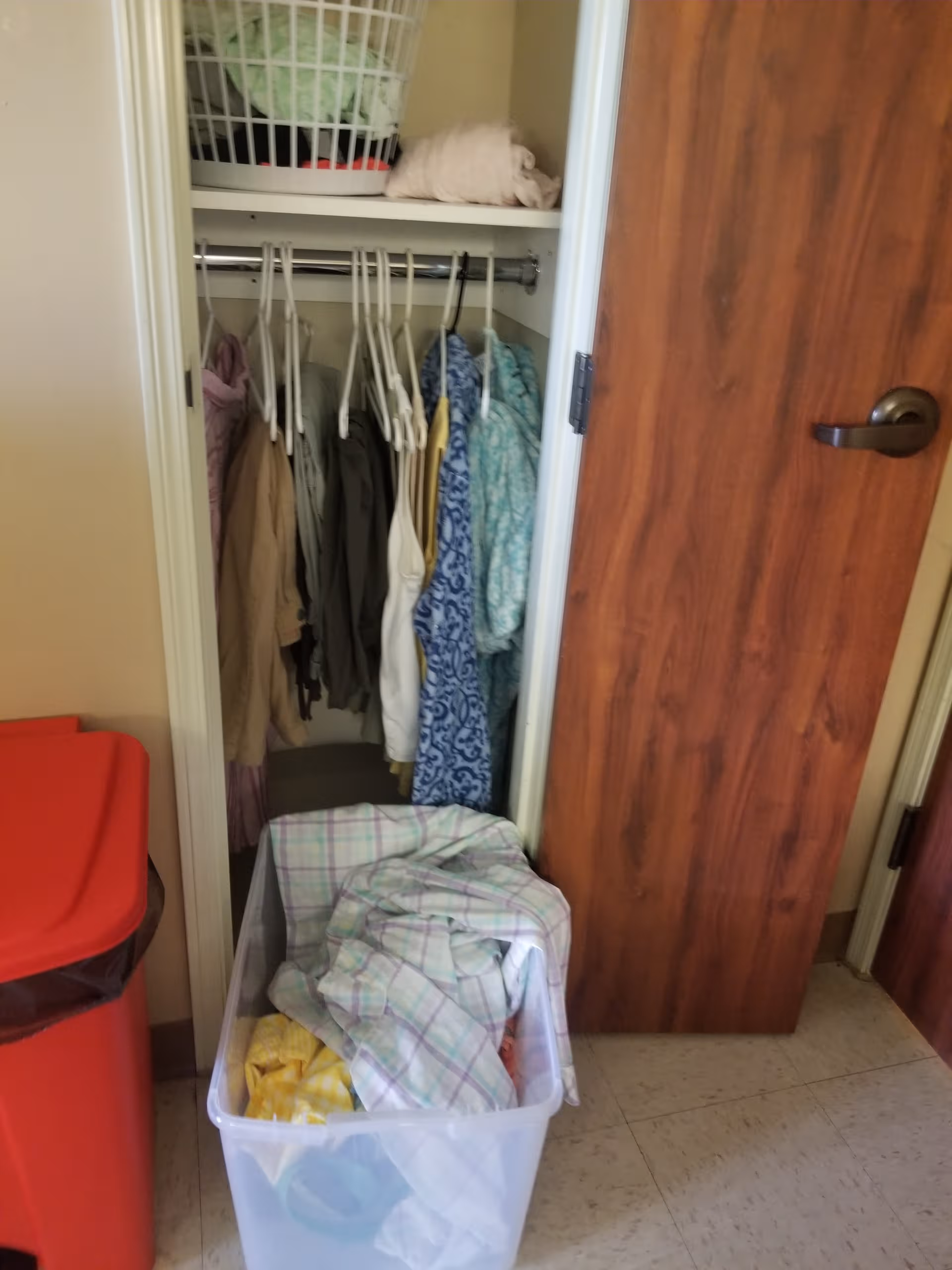 Open closet with hanging clothes, laundry hamper, and a wooden door in a hallway