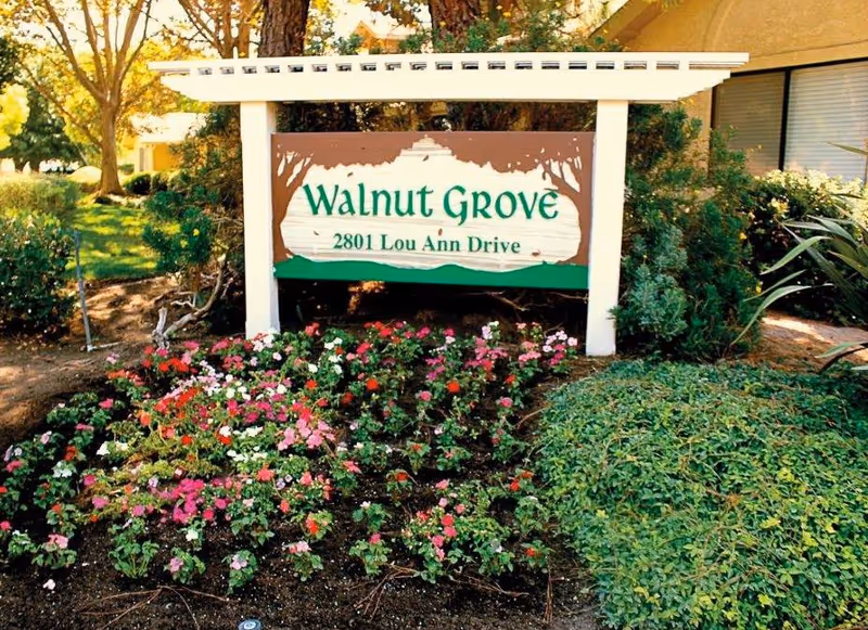 A wooden entrance sign reading 'Walnut Grove 2801 Lou Ann Drive' surrounded by flowerbeds and shrubs.