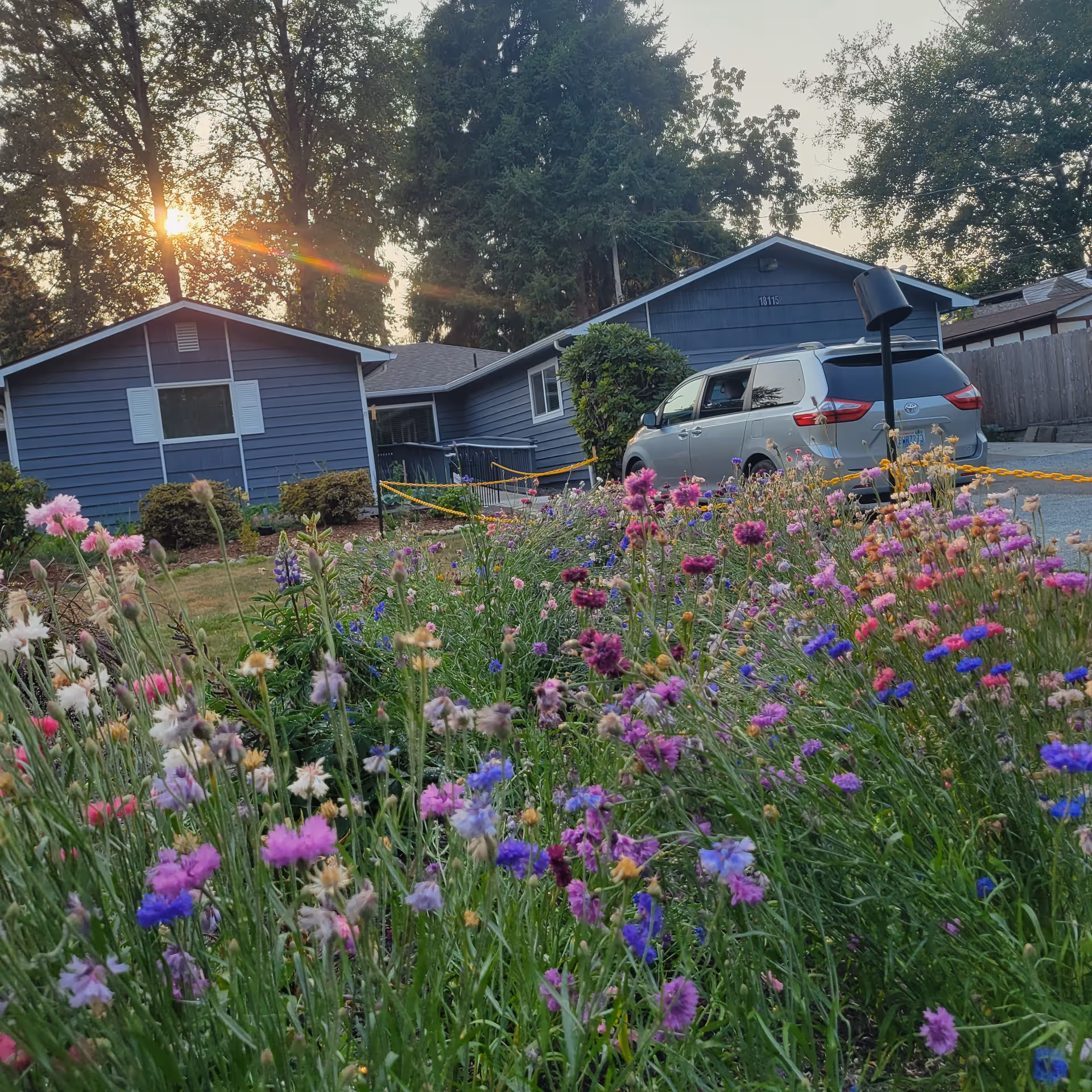 Blue single-story house with a colorful flower-filled front yard, a parked silver minivan in the driveway, and trees at sunset.
