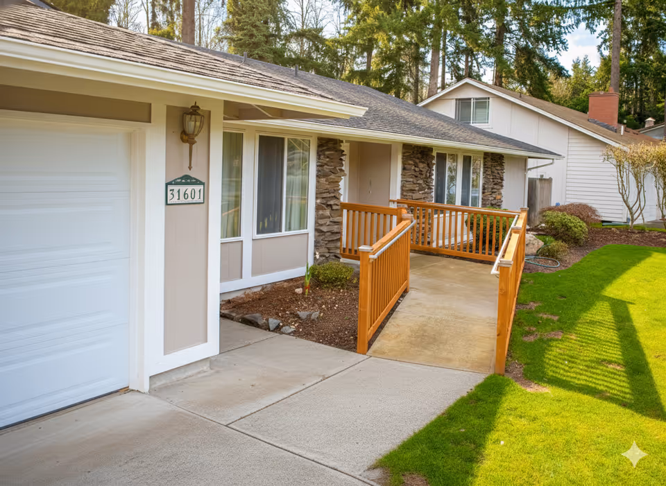Front exterior of a single-story home with a wooden ramp and manicured lawn.