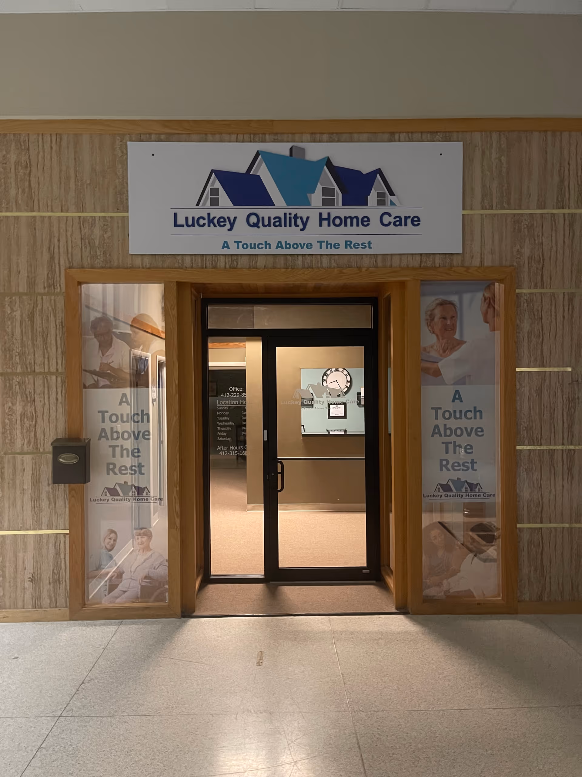 Entrance to Luckey Quality Home Care with glass doors and signage.