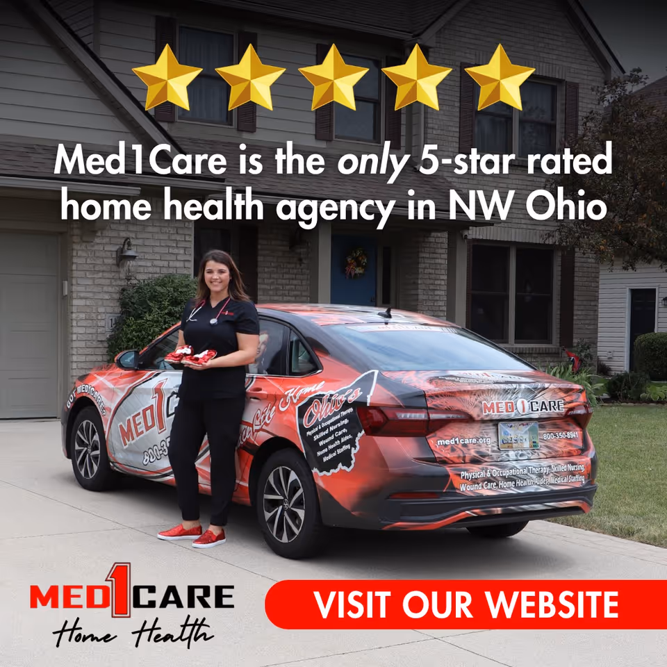 Woman in scrubs stands beside a branded car in front of a two-story house.