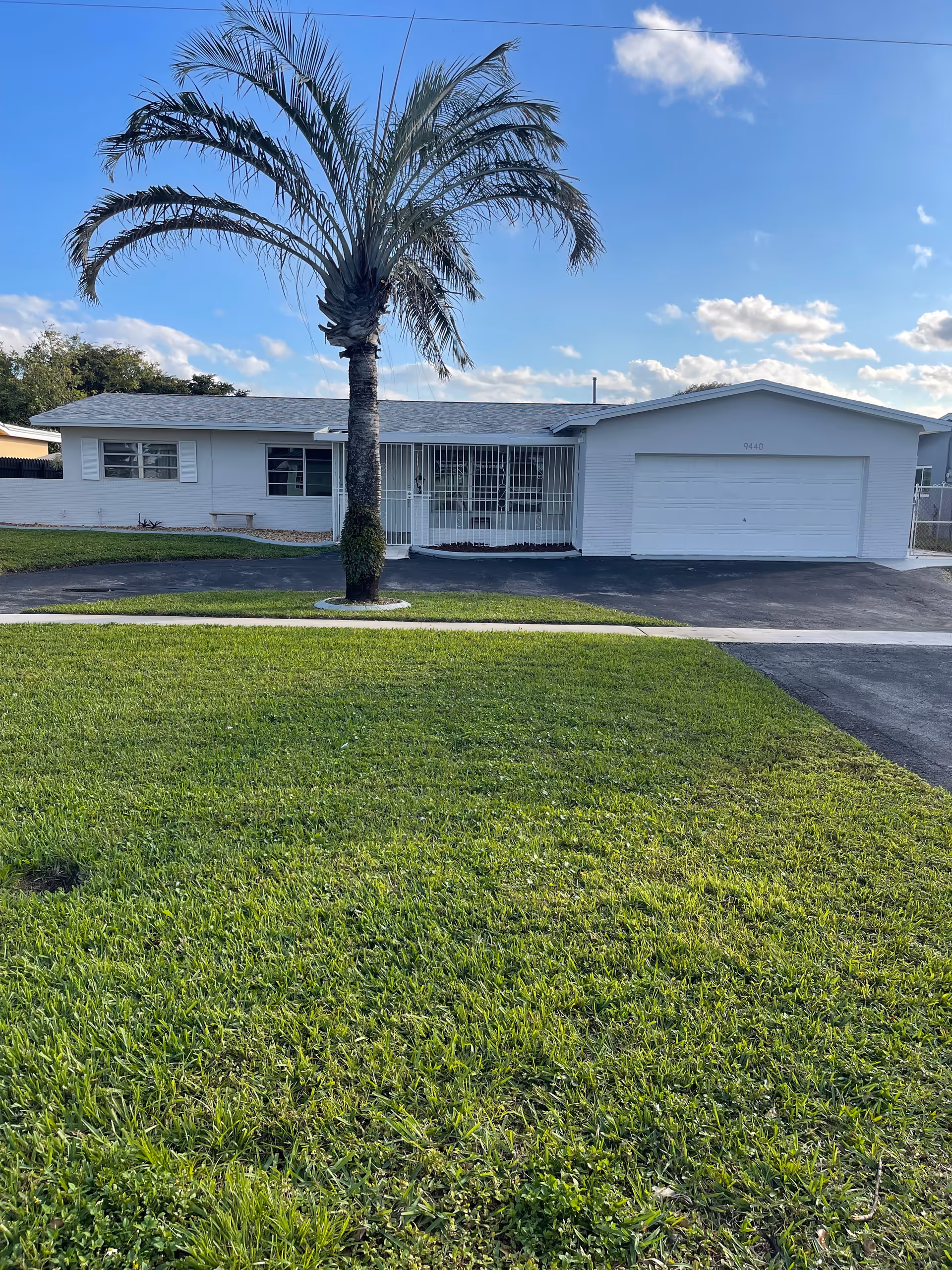 A single-story white facility with a driveway, a tall palm tree, and a manicured front lawn.