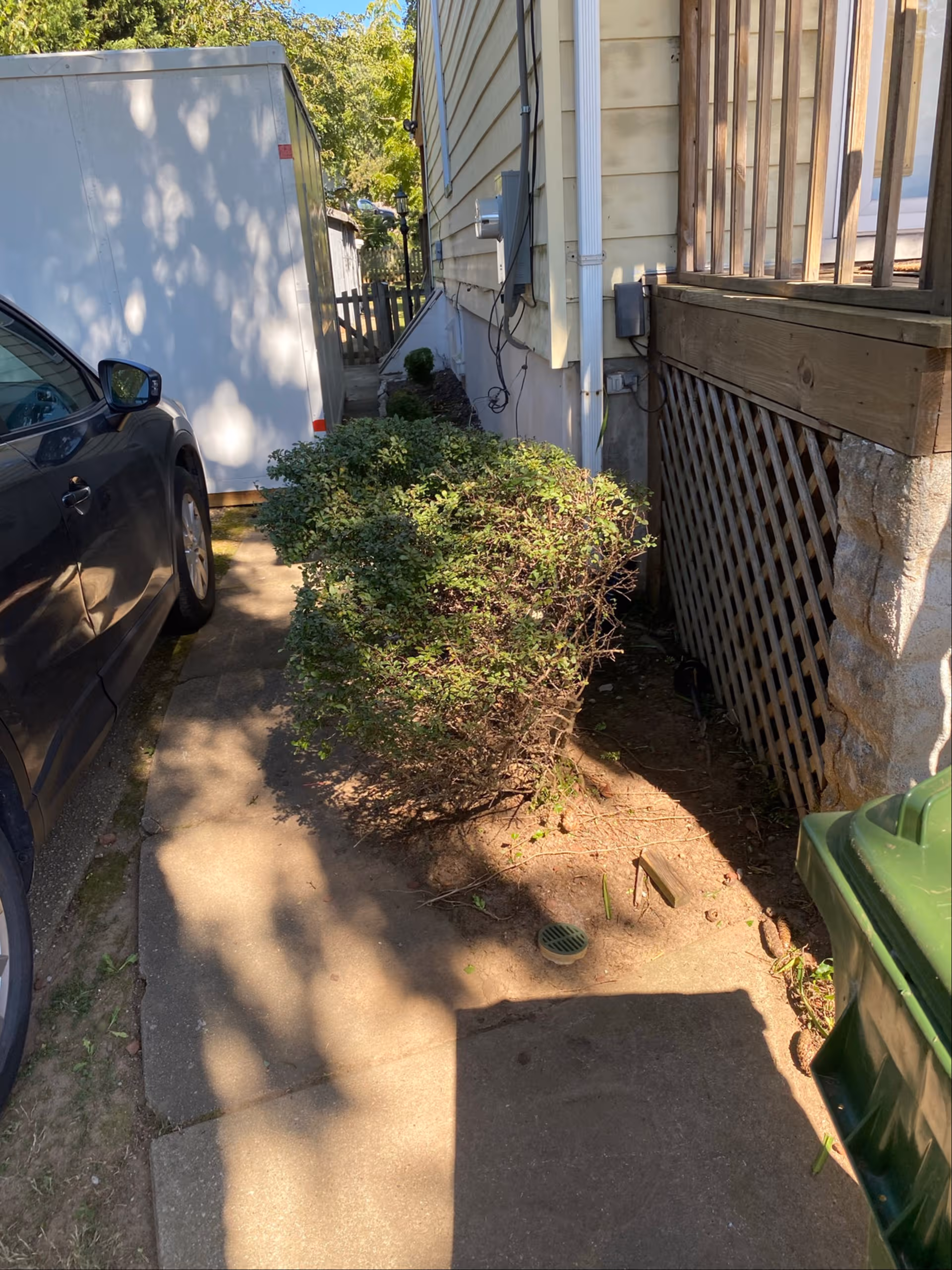 A narrow side walkway runs beside a light-colored house, with a shrub and parked car.