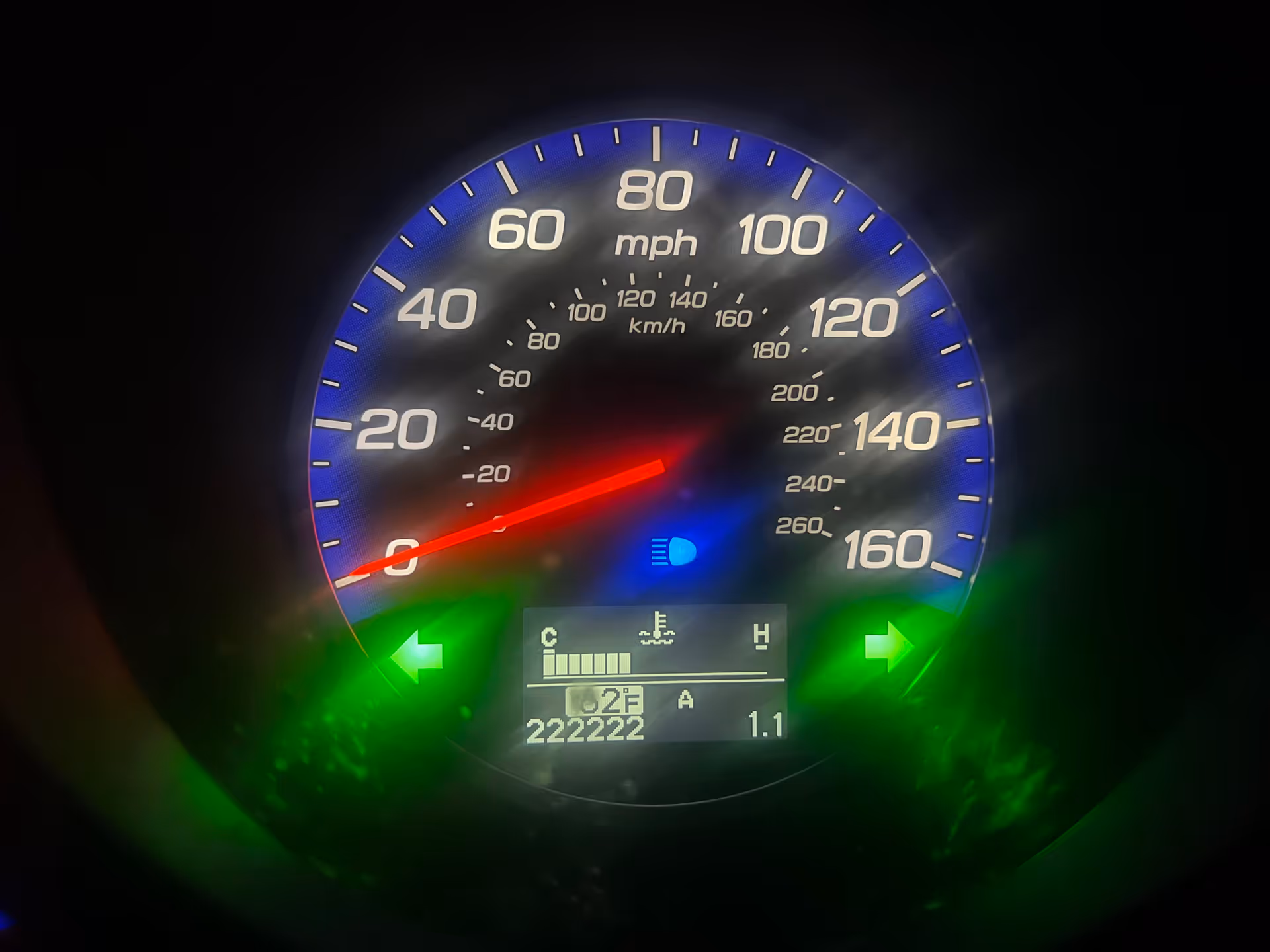 A close-up of a car dashboard instrument cluster showing a glowing speedometer.