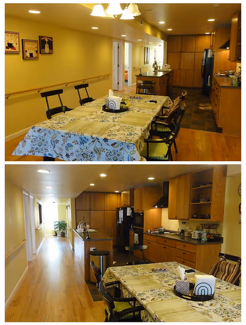 Interior dining areas with tables, chairs, and a kitchen visible in the background.