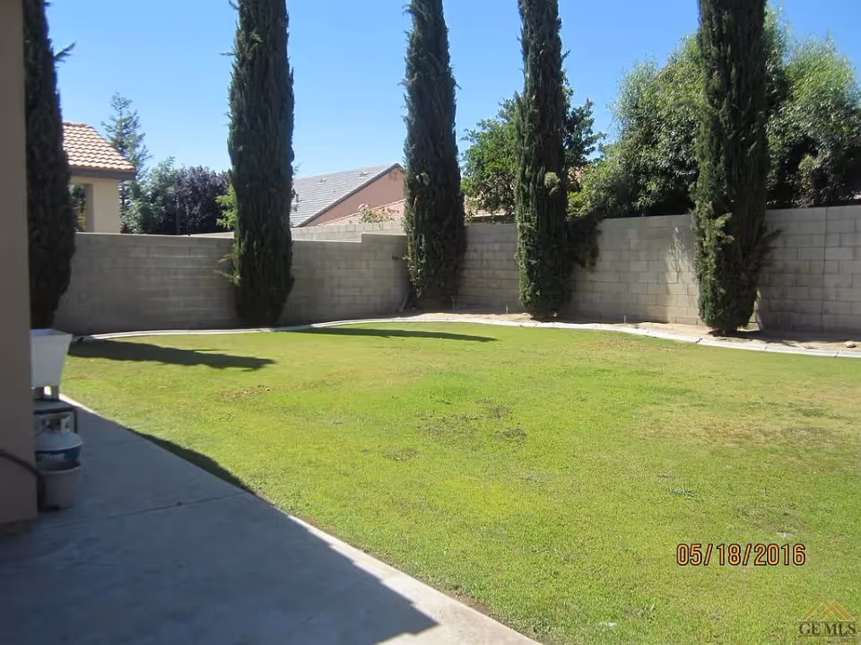 A backyard area with a green lawn bordered by a concrete patio and a tall brick wall. Several tall, narrow trees are planted along the wall, and neighboring houses are visible in the background under a clear blue sky.