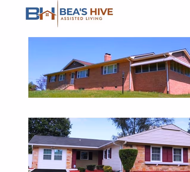 Exterior view of Beas Hive Assisted Living buildings with brick and ranch-style designs.