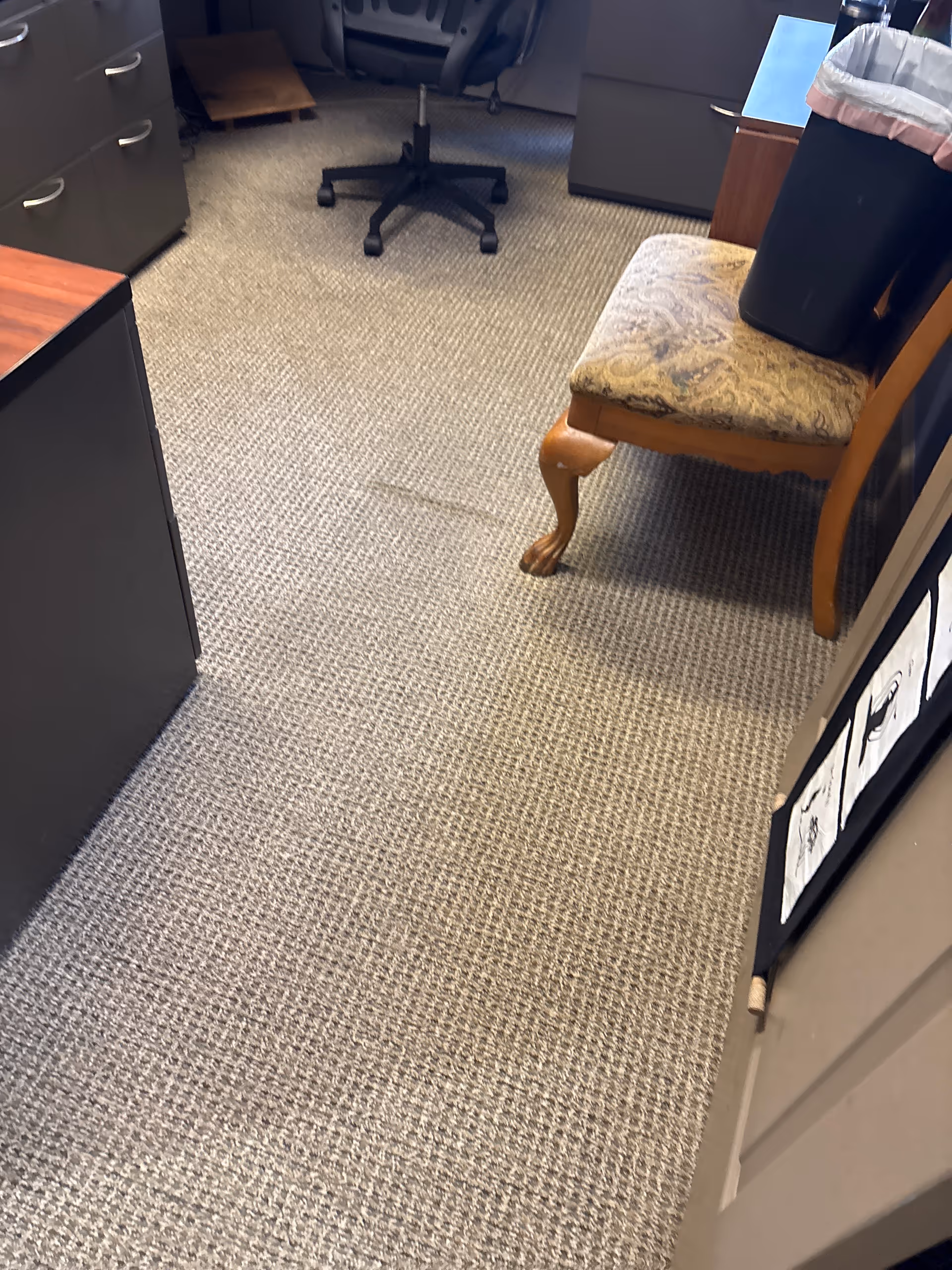 Interior office space with a desk chair, filing cabinets, and patterned carpet.