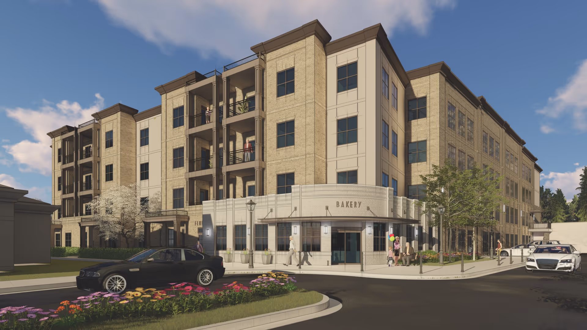 Exterior view of a multi-story senior living facility named Village Park Alpharetta with a bakery on the ground floor. The building has beige brick and light-colored paneling with balconies. There are people walking near the entrance, a black car parked on the street, and colorful flowers in the foreground under a partly cloudy sky.