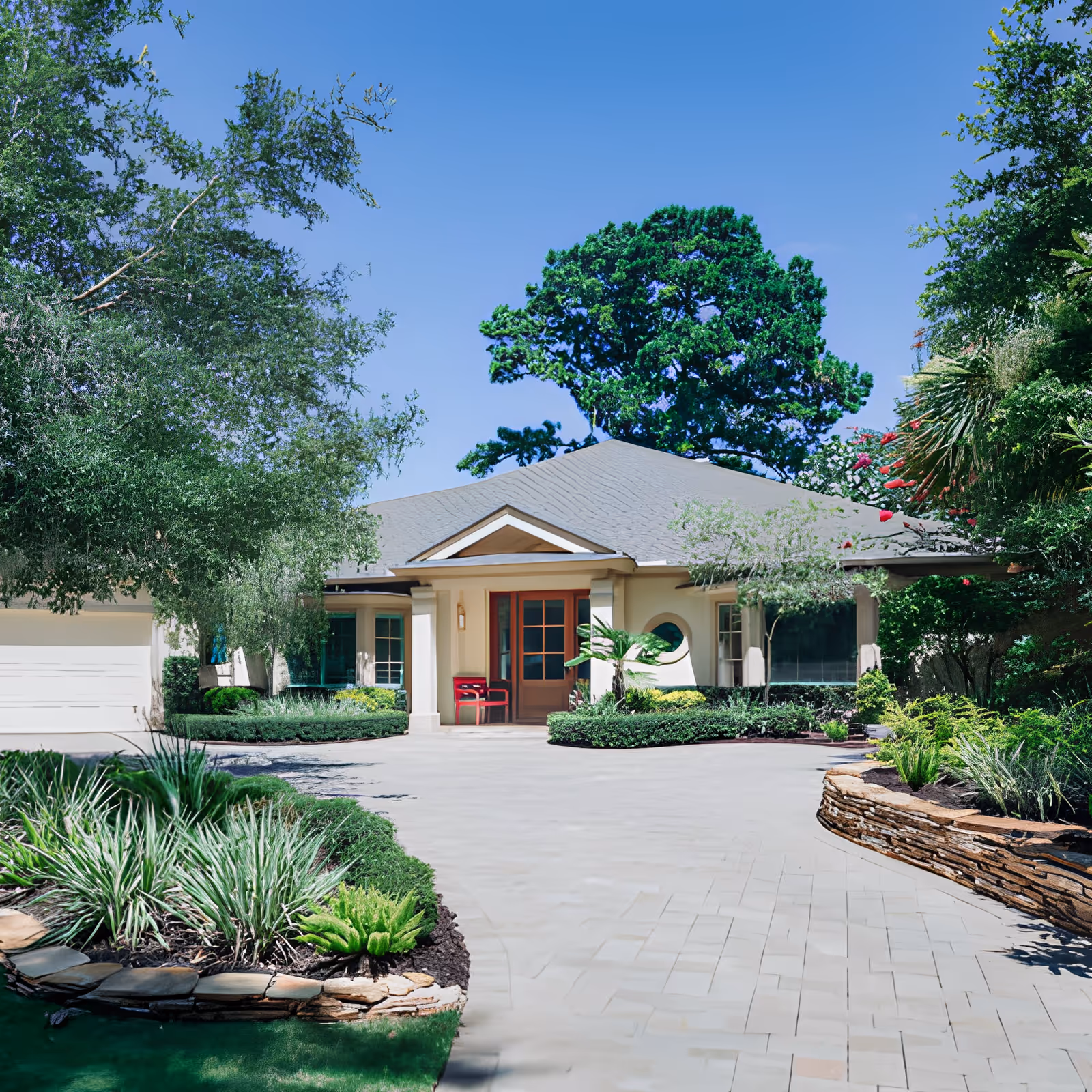 Front exterior view of a single-story building with a gray roof, beige walls, and a wooden front door flanked by windows. The entrance is surrounded by well-maintained landscaping including green shrubs, trees, and a stone-bordered garden bed. The sky is clear and blue.