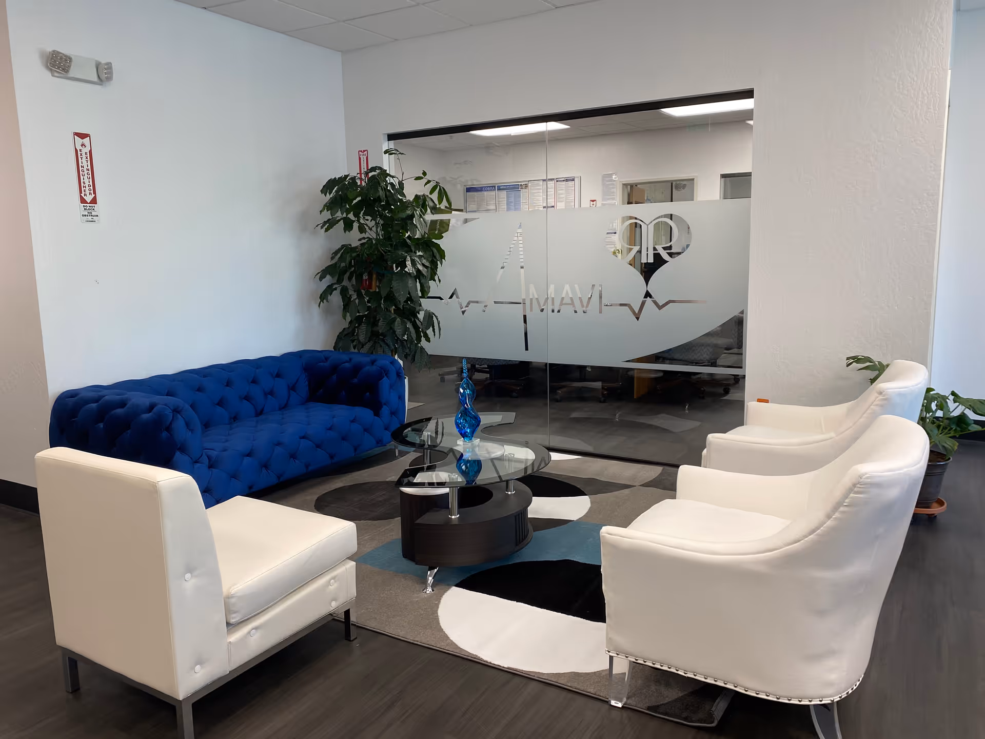 Modern reception lounge with white chairs, a blue sofa, glass coffee table, and frosted AMAVI wall.