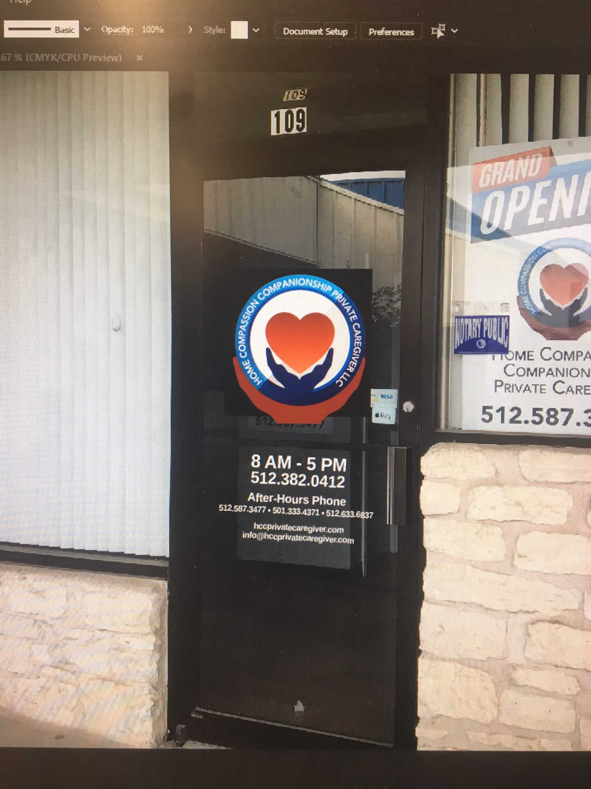 Front entrance of Home Compassion Companionship Private Caregivers LLC with heart logo on the door