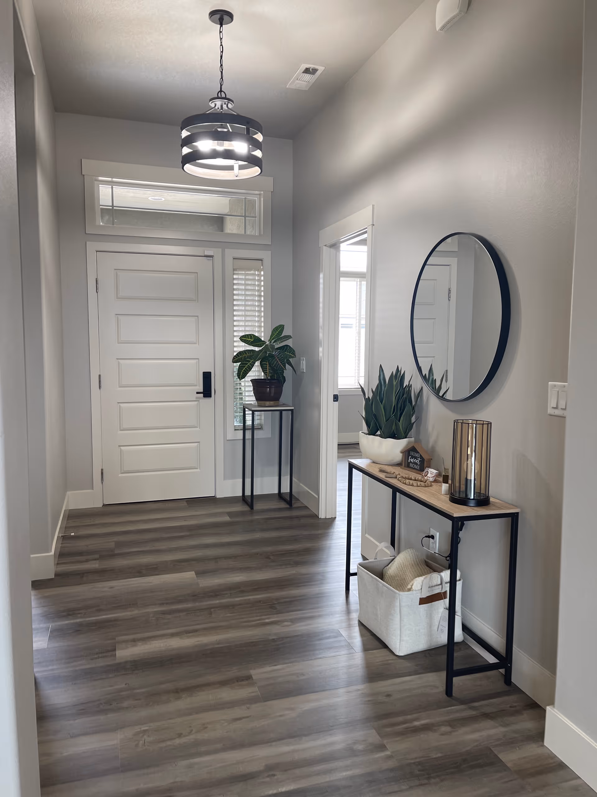 Bright hallway entry with console table, plants, mirror, and front door.