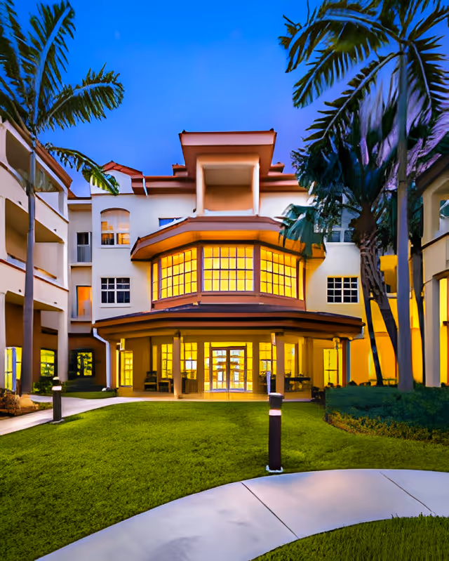 Exterior front entrance of a lit senior living facility at dusk with large windows, palm trees, and a curved lawn pathway.