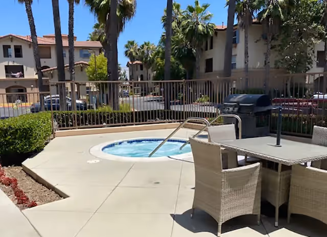 Outdoor patio with a circular hot tub, dining table, wicker chairs, and palm trees.