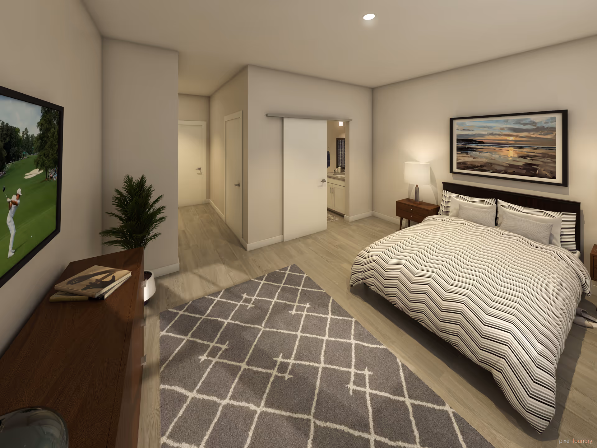 Modern senior living bedroom with bed, nightstands, rug, and wall art.