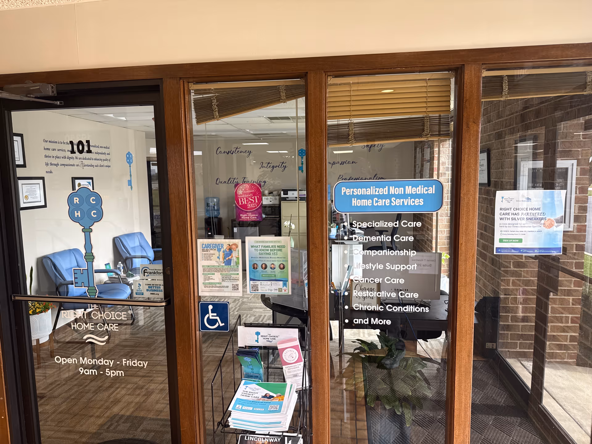 Glass entrance doors reveal a Right Choice Home Care lobby with chairs and posters.