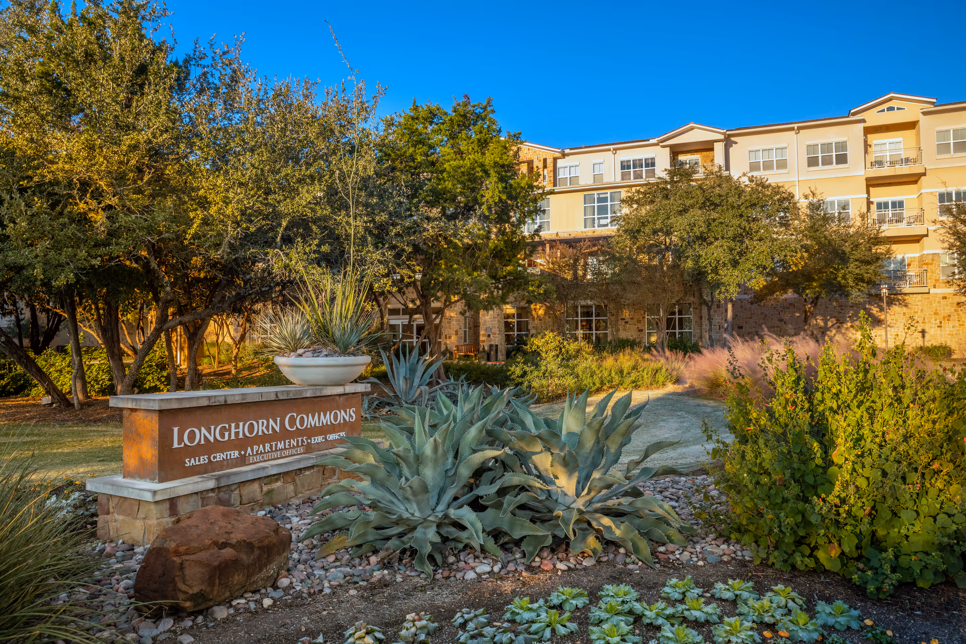 Exterior view of Longhorn Commons facility with landscaped entrance and sign.